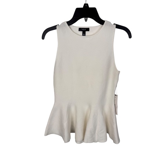 AQUA‎ White Peplum Top Sleeveless Knit Tank Flared Hem Modern Size M - Picture 4 of 9